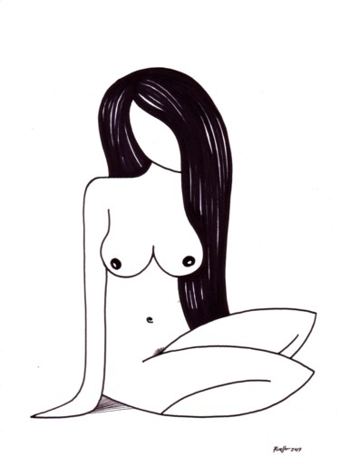 Desenho intitulada "GIRL SITTED IN BLAC…" por Miguel Esquivel Kuello, Obras de arte originais, Tinta
