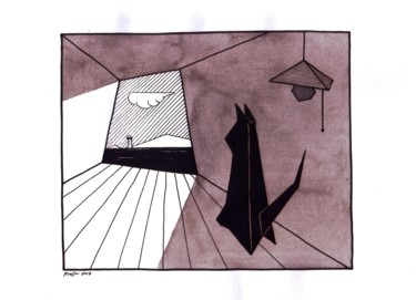 Pintura titulada "CAT IN THE SHADE LO…" por Miguel Esquivel Kuello, Obra de arte original, Tinta