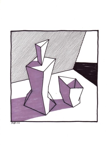 Desenho intitulada "BOTTLE, GLASS & SEA…" por Miguel Esquivel Kuello, Obras de arte originais, Tinta