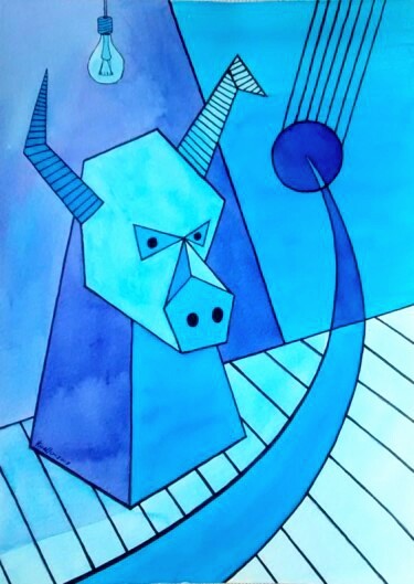 Pintura titulada "BLAUER STIER" por Miguel Esquivel Kuello, Obra de arte original, Gouache