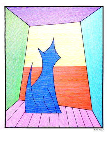 Painting titled "CUBIST CAT ON PENCI…" by Miguel Esquivel Kuello, Original Artwork, Marker