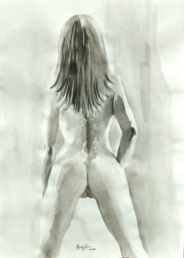 Drawing titled "NUDE FROM BEHIND" by Miguel Esquivel Kuello, Original Artwork, Ink