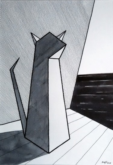 Dibujo titulada "CAT & SEA" por Miguel Esquivel Kuello, Obra de arte original, Tinta