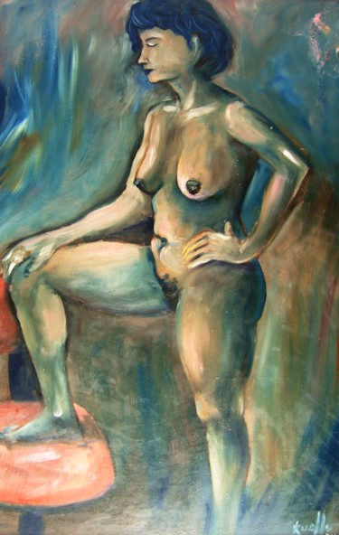 Painting titled "MUJER CON SILLA" by Miguel Esquivel Kuello, Original Artwork, Oil Mounted on Wood Panel