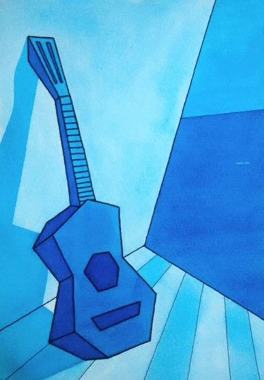 Peinture intitulée "GUITARRA CUBISTA EN…" par Miguel Esquivel Kuello, Œuvre d'art originale, Encre