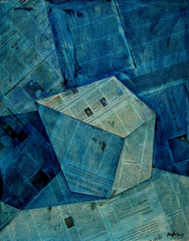 Collages intitolato "BLUE CUBE" da Miguel Esquivel Kuello, Opera d'arte originale, Olio