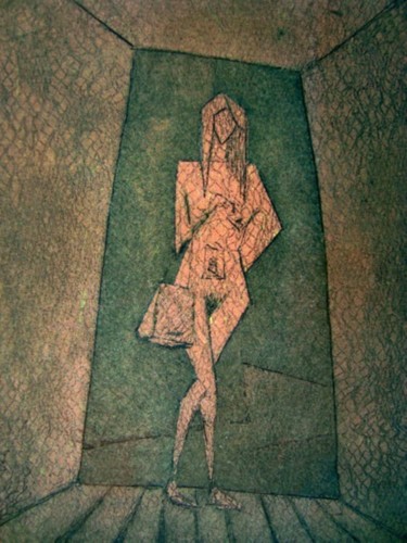 Printmaking titled "PINK WOMAN IN THE D…" by Miguel Esquivel Kuello, Original Artwork, Etching