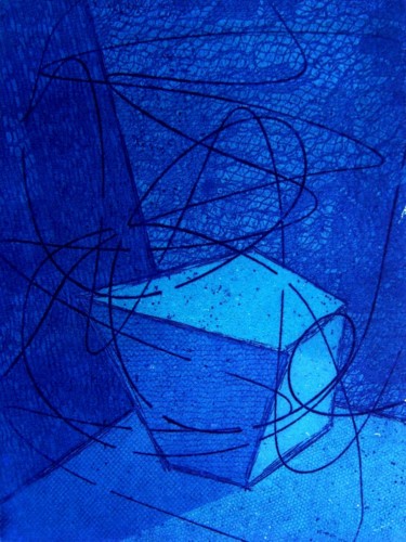Gravures & estampes intitulée "BLUE CUBE & LACE (3…" par Miguel Esquivel Kuello, Œuvre d'art originale, Eau-forte