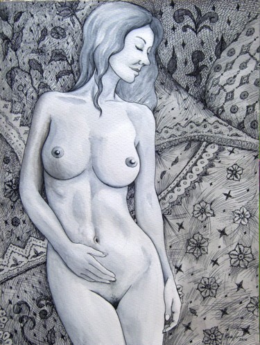 Dessin intitulée "LACE WOMAN IN AMERI…" par Miguel Esquivel Kuello, Œuvre d'art originale, Stylo à bille