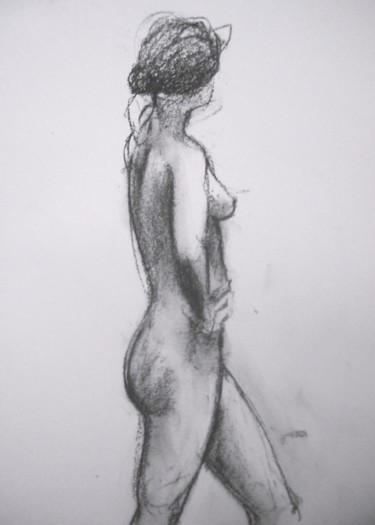 Drawing titled "FEMALE NUDE, PROFILE" by Miguel Esquivel Kuello, Original Artwork, Charcoal