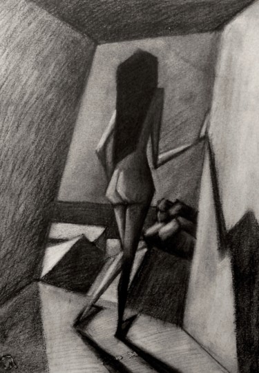 Desenho intitulada "CUBIST GIRL IN THE…" por Miguel Esquivel Kuello, Obras de arte originais, Carvão