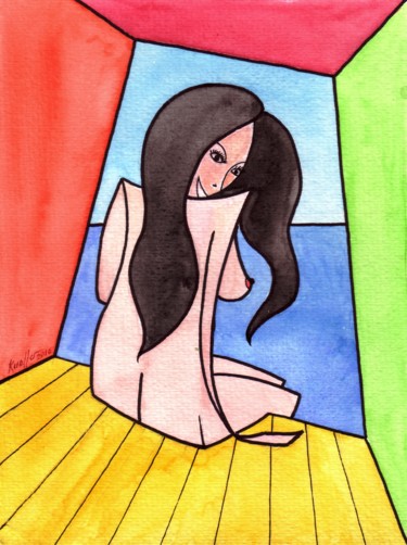 Painting titled "CUBIST WOMAN 35" by Miguel Esquivel Kuello, Original Artwork, Watercolor