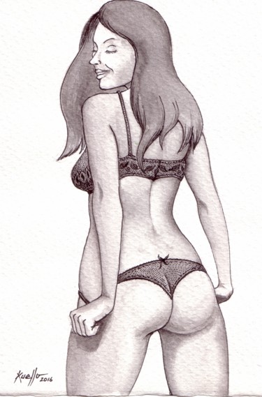 Drawing titled "GIRL THIRTY FIVE &…" by Miguel Esquivel Kuello, Original Artwork, Ink