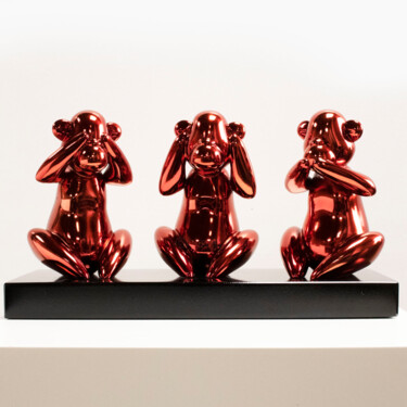 Sculpture titled "Wise monkeys red" by Miguel Guía, Original Artwork, Metals