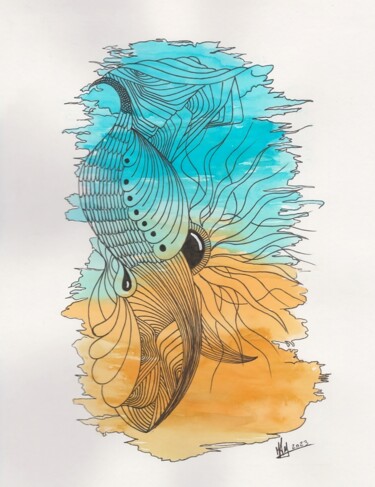 Tekening getiteld "Pavão/Peacock" door Miguel Marques, Origineel Kunstwerk, Aquarel