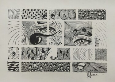 Disegno intitolato "Eyes 4" da Miguel Marques, Opera d'arte originale, Inchiostro