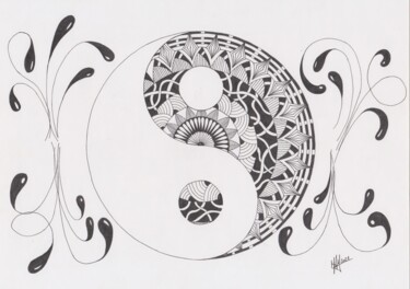 Disegno intitolato "Mandala 5 (yin-yang)" da Miguel Marques, Opera d'arte originale, Inchiostro