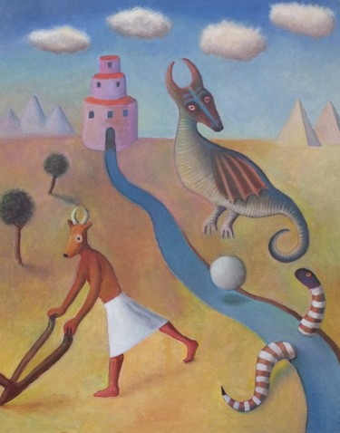 Schilderij getiteld "Dragón del desierto" door Miguel Rojas, Origineel Kunstwerk, Olie