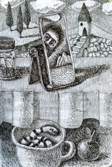 Zeichnungen mit dem Titel "Naturaleza muerta" von Miguel Rojas, Original-Kunstwerk, Tinte