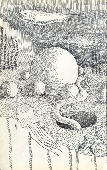 Drawing titled "En el fondo del mar" by Miguel Rojas, Original Artwork, Ink