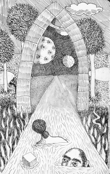 Рисунок под названием "Perdidos  en la cor…" - Miguel Rojas, Подлинное произведение искусства, Чернила
