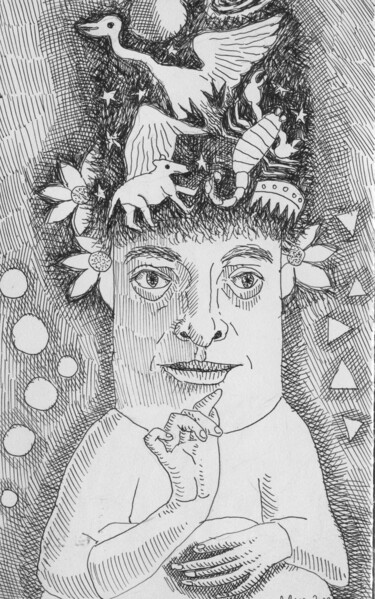 Zeichnungen mit dem Titel "La astrónoma" von Miguel Rojas, Original-Kunstwerk, Tinte