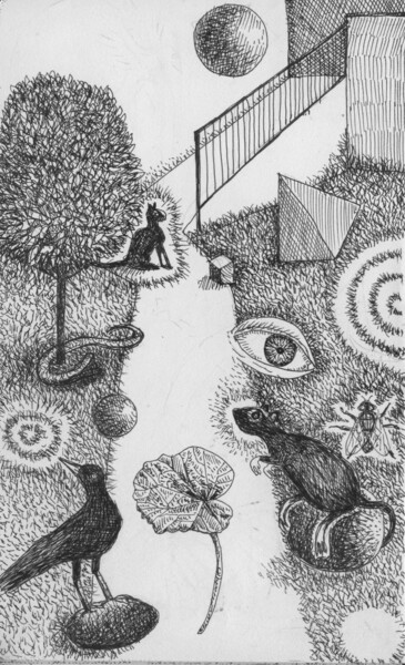Dibujo titulada "El patio" por Miguel Rojas, Obra de arte original, Tinta