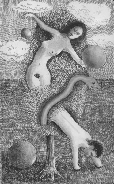 Dibujo titulada "Adán y Eva" por Miguel Rojas, Obra de arte original, Tinta