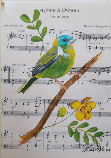 O Pássaro canta o Hino ao Amor de Édith Piaf. Pintura intitulada "O Pássaro canta o H…" por Miguel Matos, Obras de arte originais, Acrílico