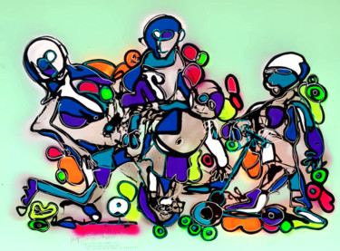 fAMILIA CELEBRA LA LLEGADA DE UN PEDIDO DE COMIDA Pintura titulada "fAMILIA CELEBRA LA…" por Miguel Muñoz, Obra de arte original, Acrílico