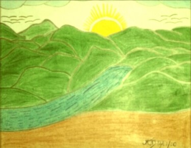 Dessin intitulée "Paysage montagneux" par Dave Dawood, Œuvre d'art originale, Crayon