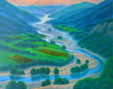 Painting titled "The River II" by Mikhaela Ivanova, Original Artwork, Oil Mounted on Wood Stretcher frame