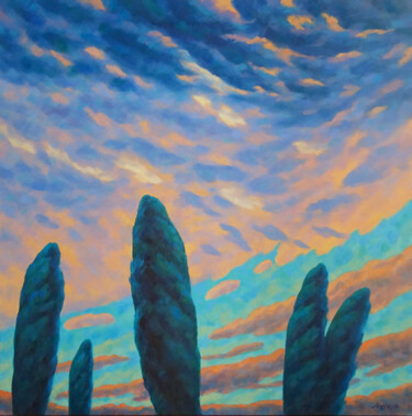 Painting titled "Sunset" by Mikhaela Ivanova, Original Artwork, Oil Mounted on Wood Stretcher frame