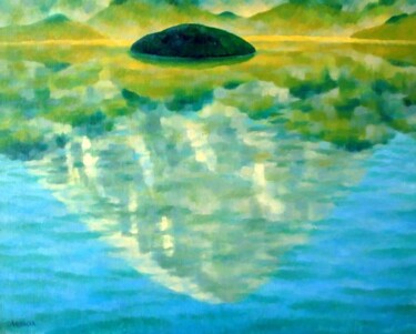 Painting titled "Blessed island III" by Mikhaela Ivanova, Original Artwork, Oil Mounted on Wood Stretcher frame
