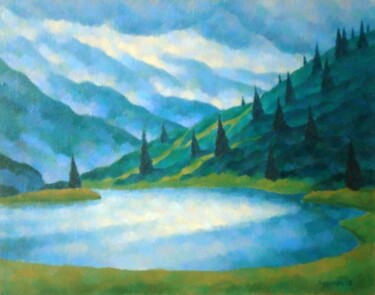 Painting titled "Lake shores II" by Mikhaela Ivanova, Original Artwork, Oil Mounted on Wood Stretcher frame