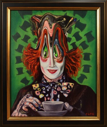 Painting titled "Mad Hatter" by Mihaela Popa, Original Artwork, Oil Mounted on Wood Stretcher frame