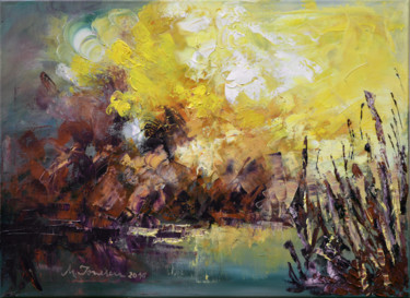 Painting titled ""Golden Sky"" by Mihaela Ionescu, Original Artwork, Oil Mounted on Wood Stretcher frame