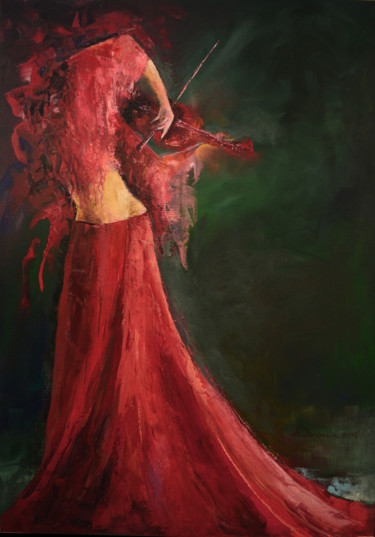 Painting titled ""The Red Violin"" by Mihaela Ionescu, Original Artwork, Oil