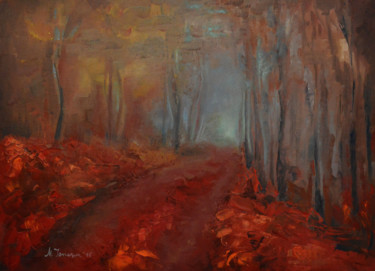 Painting titled ""Foggy Trees"" by Mihaela Ionescu, Original Artwork, Oil Mounted on Wood Stretcher frame