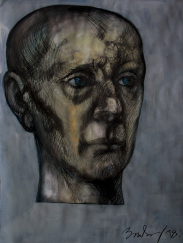 Drawing titled "blue eyes on gray" by Mihai Badesku, Original Artwork, Charcoal
