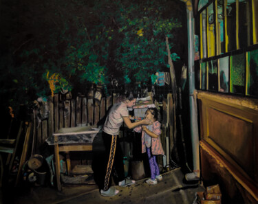 Painting titled "The Sweet Quiet Mom…" by Mihai Cotiga, Original Artwork, Oil Mounted on Wood Stretcher frame