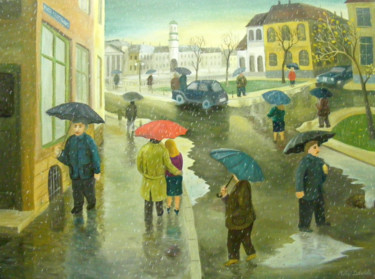 Pittura intitolato "umbrela-rosie-prin-…" da Mihai Dascalu, Opera d'arte originale
