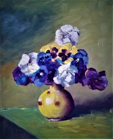 Painting titled "Pansies on yellow c…" by Mihai Denis, Original Artwork, Oil