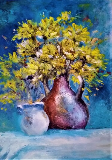 Painting titled "Yellow flowers with…" by Mihai Denis, Original Artwork, Oil