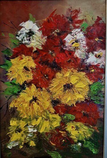 Painting titled "Red flowers and yel…" by Mihai Denis, Original Artwork, Oil