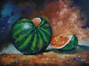 Painting titled "Melon with blueberry" by Mihai Denis, Original Artwork, Oil Mounted on Wood Stretcher frame