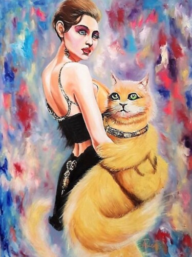 Schilderij getiteld "Funny yellow cat" door Mihai Denis, Origineel Kunstwerk, Olie