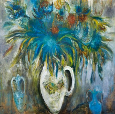 Painting titled "Blue flower in a wh…" by Mihai Teodor Olteanu, Original Artwork, Oil