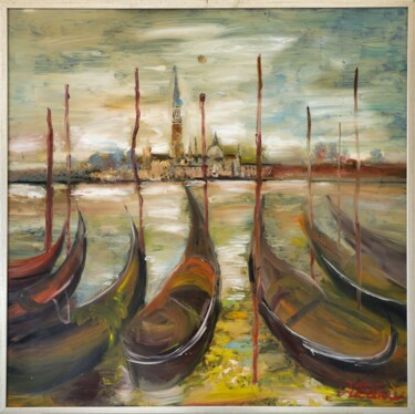 Painting titled "Gondola" by Mihai Teodor Olteanu, Original Artwork, Oil Mounted on Wood Stretcher frame