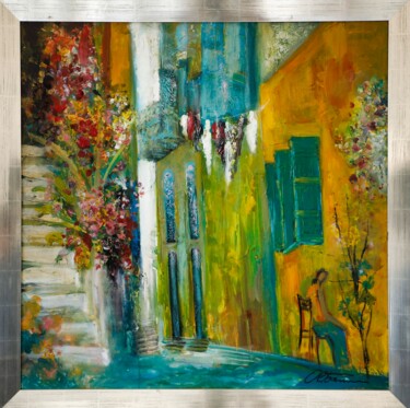 Painting titled "Street from Tassos,…" by Mihai Teodor Olteanu, Original Artwork, Oil Mounted on Wood Stretcher frame